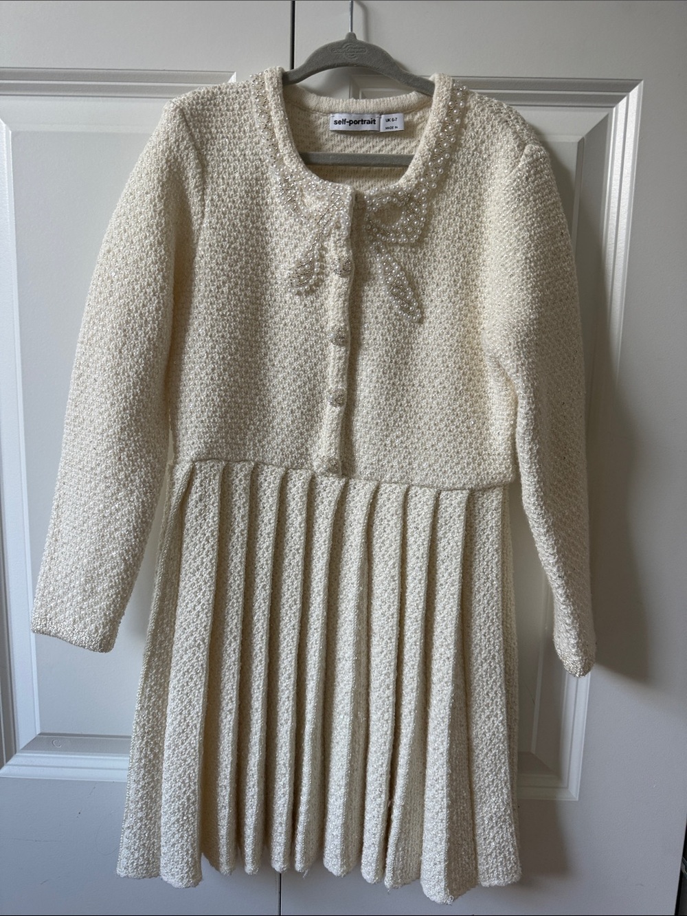 Self-Portrait Cream Pearl-Trim Pleated Kids Dress